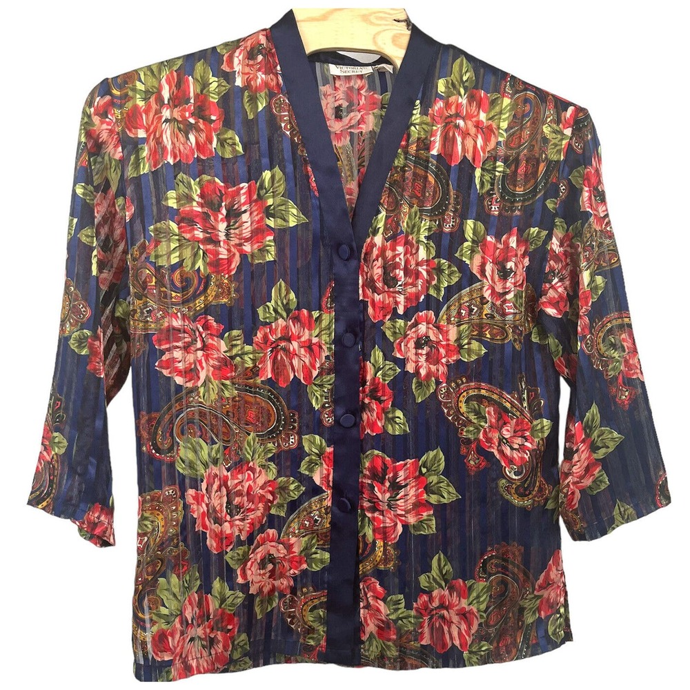 Vintage Victorias Secret Gold Label Sheer Floral Robe Sleep Shirt Lingerie M